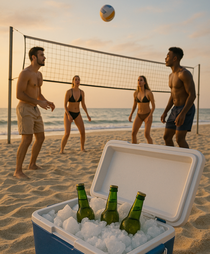 Beach volleyball game with four people, drinks in a cooler. Sunset colors.