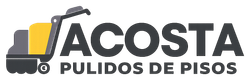 Logotipo de Acosta con una máquina pulidora de pisos amarilla y negra y el texto “Pulidos de pisos”