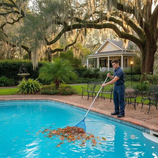 Person skims leaves from a blue backyard pool with a net under sprawling trees.
