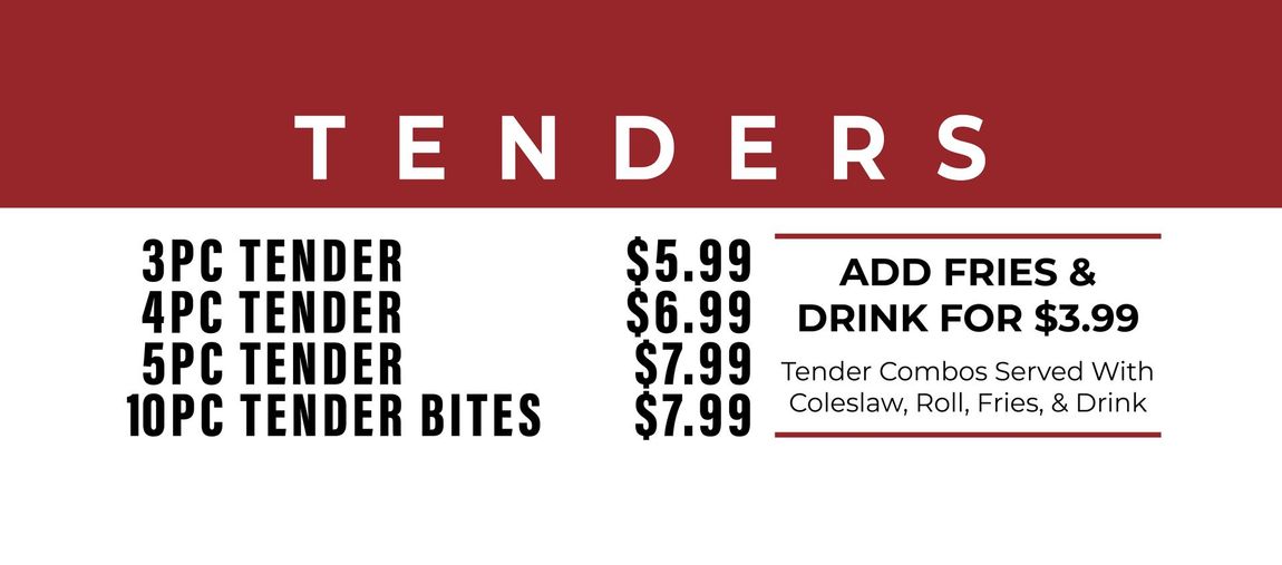 Menu displaying chicken tenders with prices. Offers include adding fries and a drink for $3.99.