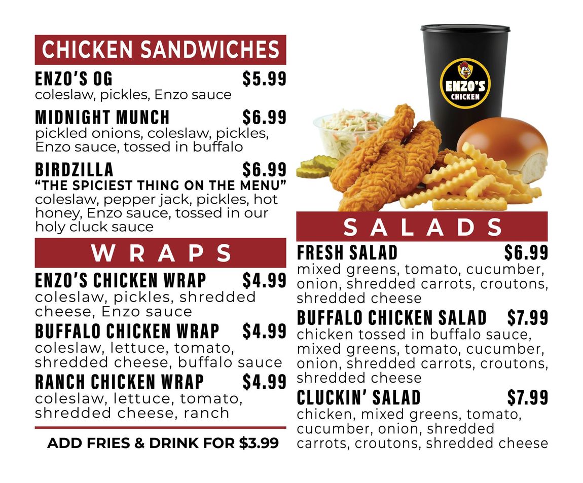 Menu board for Enzo's Chicken: chicken sandwiches, wraps, salads, with prices.