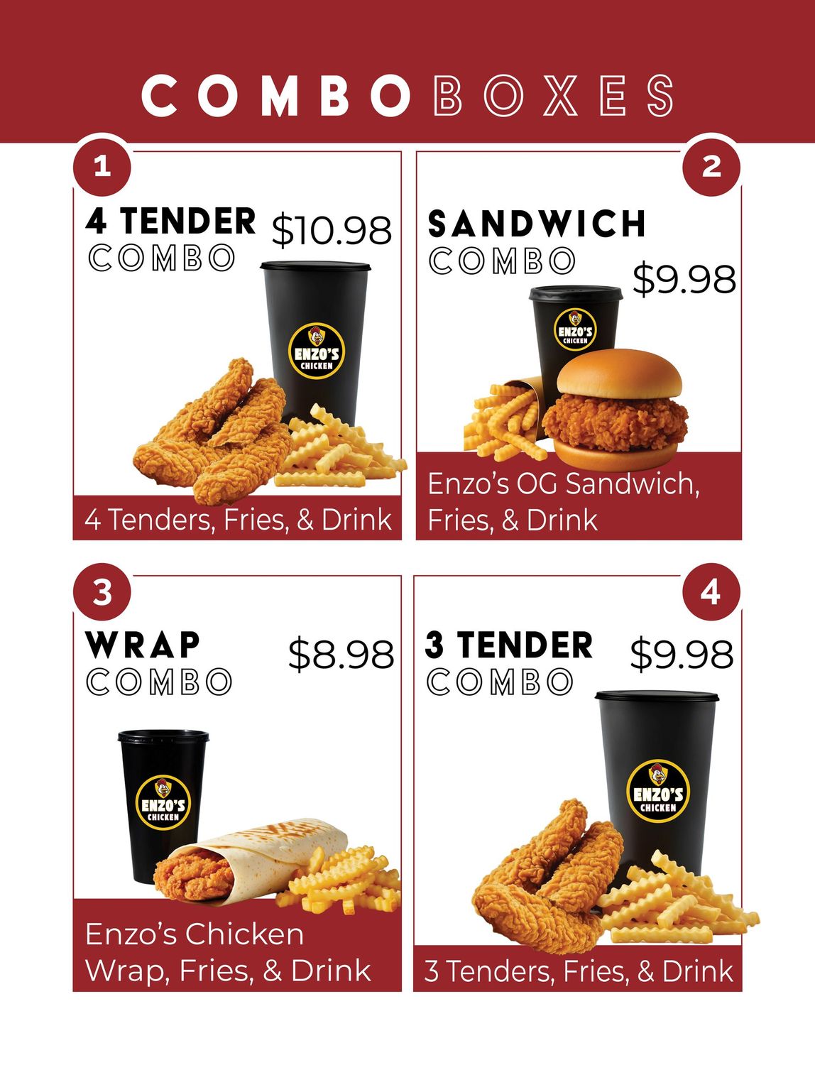 Menu with four combo meal options: tenders, sandwich, wrap, and tenders, each with fries and a drink.