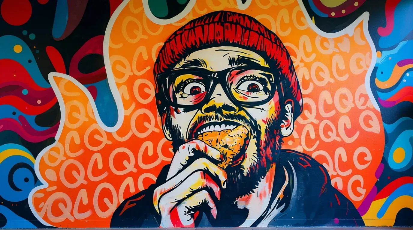 Man in glasses and beanie eating, with surprised expression, graffiti art with psychedelic background.