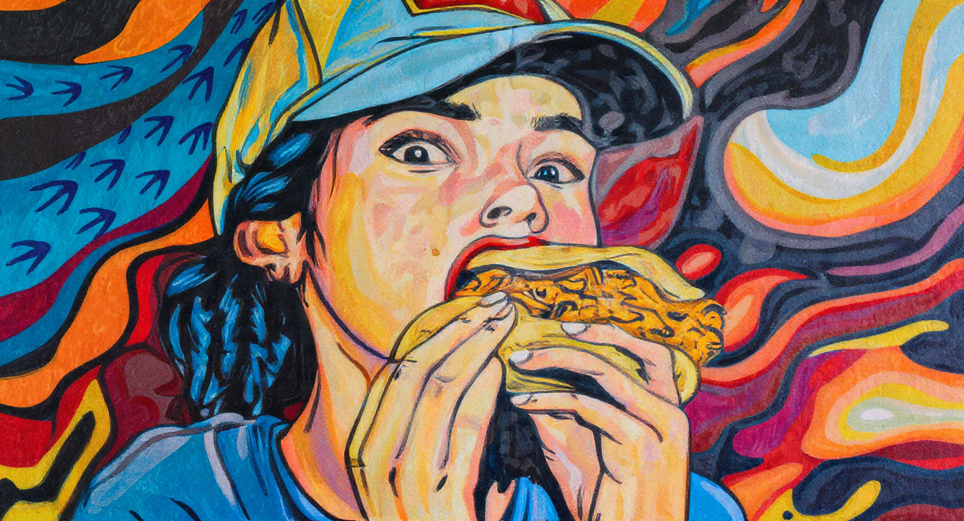 Person with mouth open, eating a chicken sandwich. Colorful abstract background.