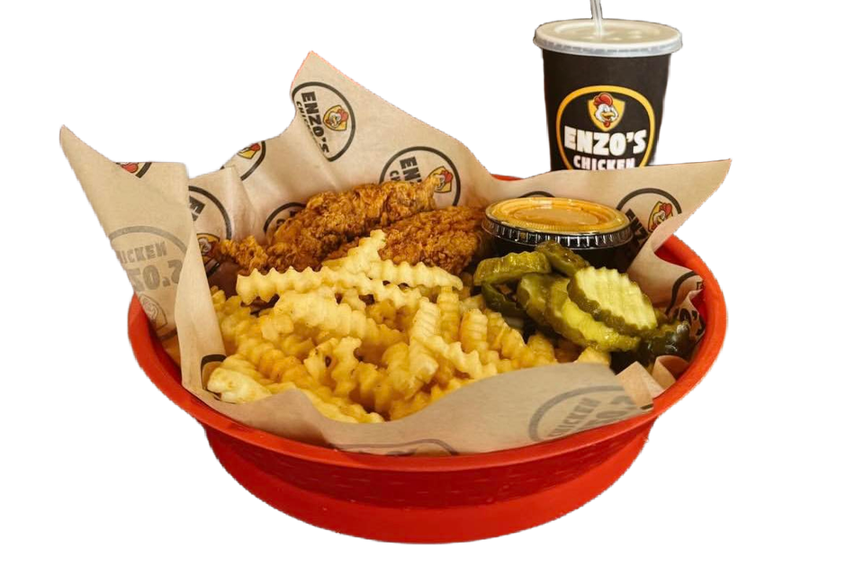 Enzo's Chicken combo meal in a red bowl: chicken strips, crinkle fries, pickles, sauce, drink.