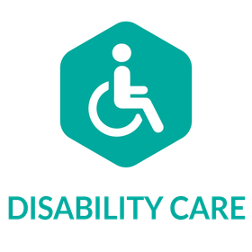 A logo for disability care with a person in a wheelchair