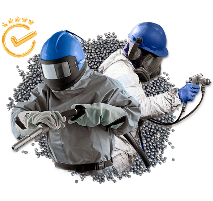 Dois trabalhadores com capacetes azuis e equipamentos de proteção individual manuseiam uma mangueira sobre um fundo branco.