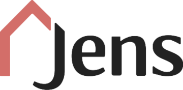 Logo met een huisvormige afbeelding in koraalrood, naast het woord