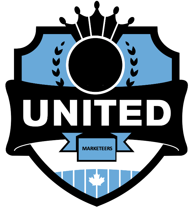 Logo van United Marketeers: Zwart, lichtblauw, wit. Met een kroon, lauriertakken en een icoon van de Canadese vlag.