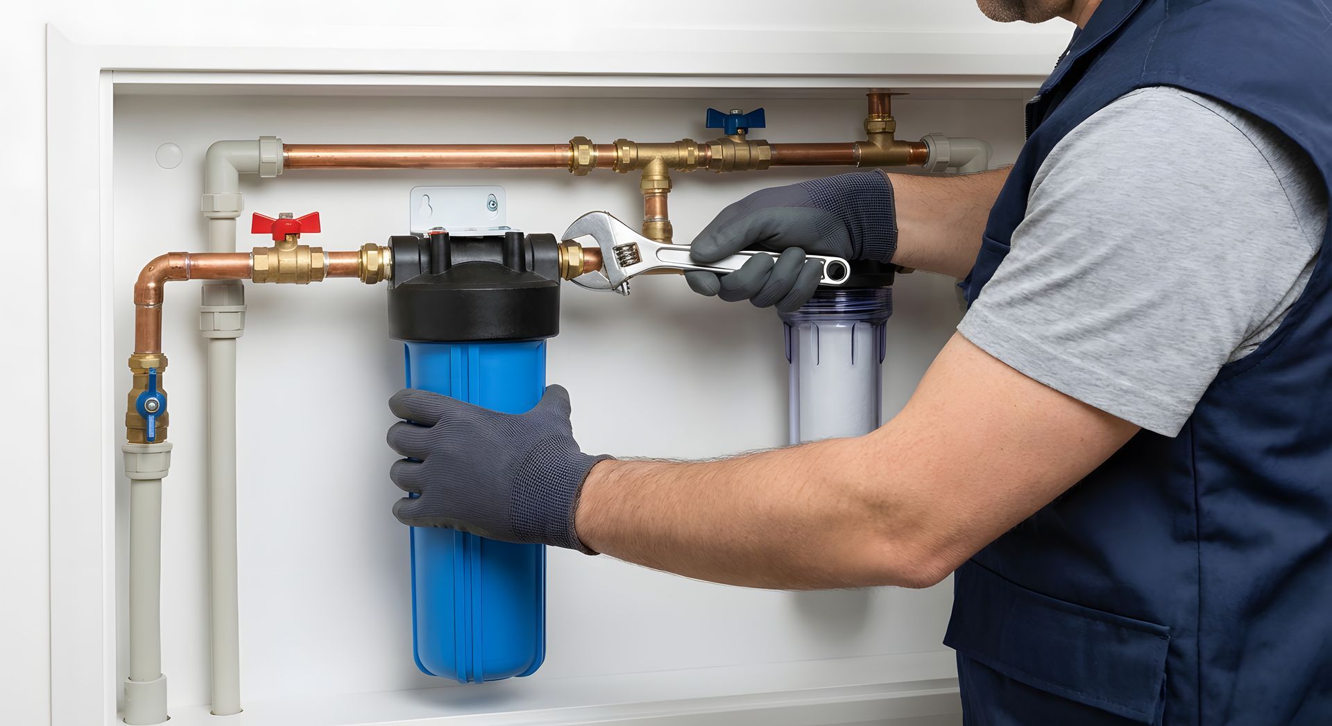 Gloved technician tightens copper pipe fittings with a wrench during a water softener installation. Gloved technician tightens copper pipe fittings with a wrench during a water softener installation.