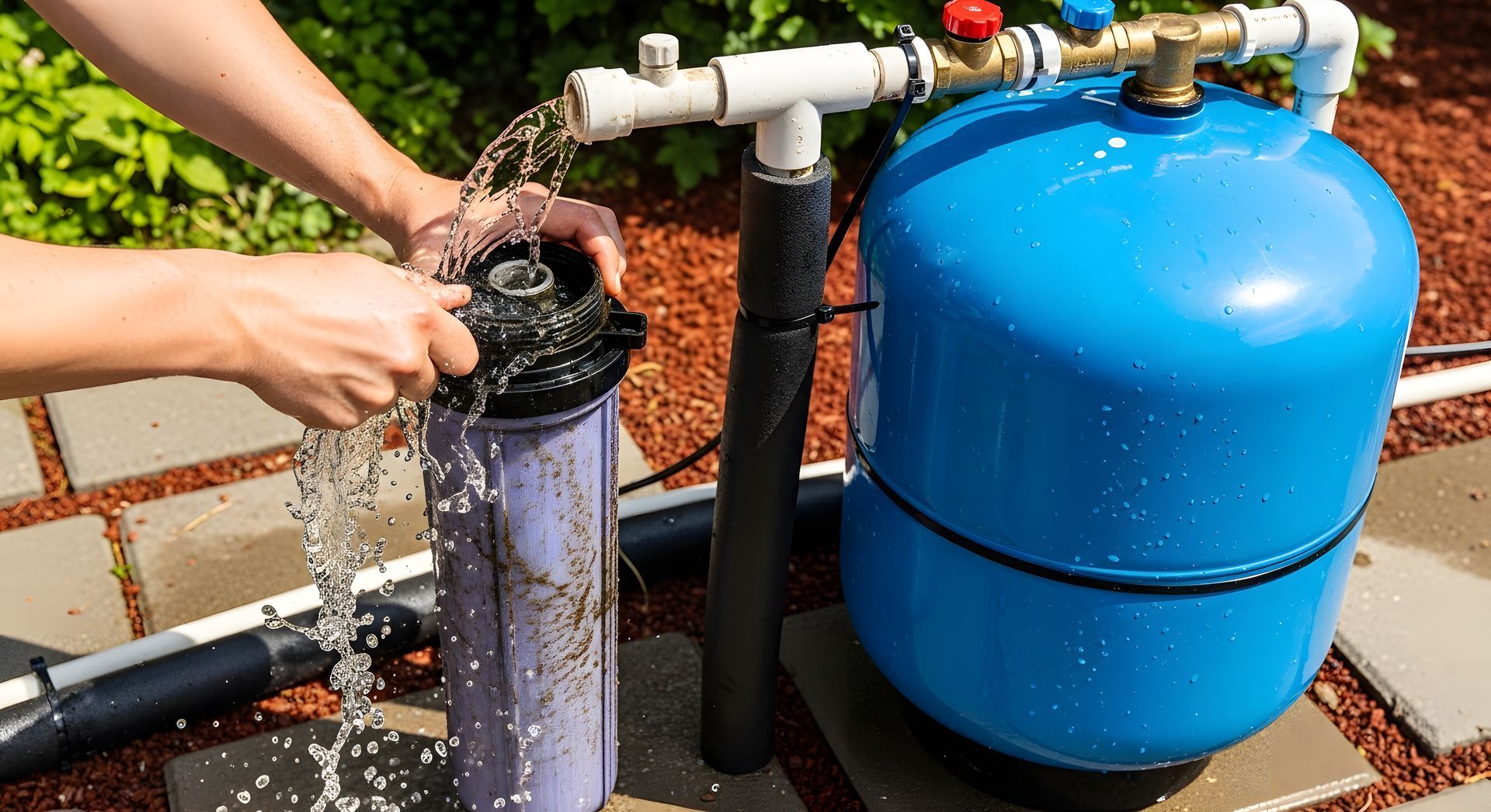 Hands open a stained filter housing beside a blue pressure tank during well water filtration work.