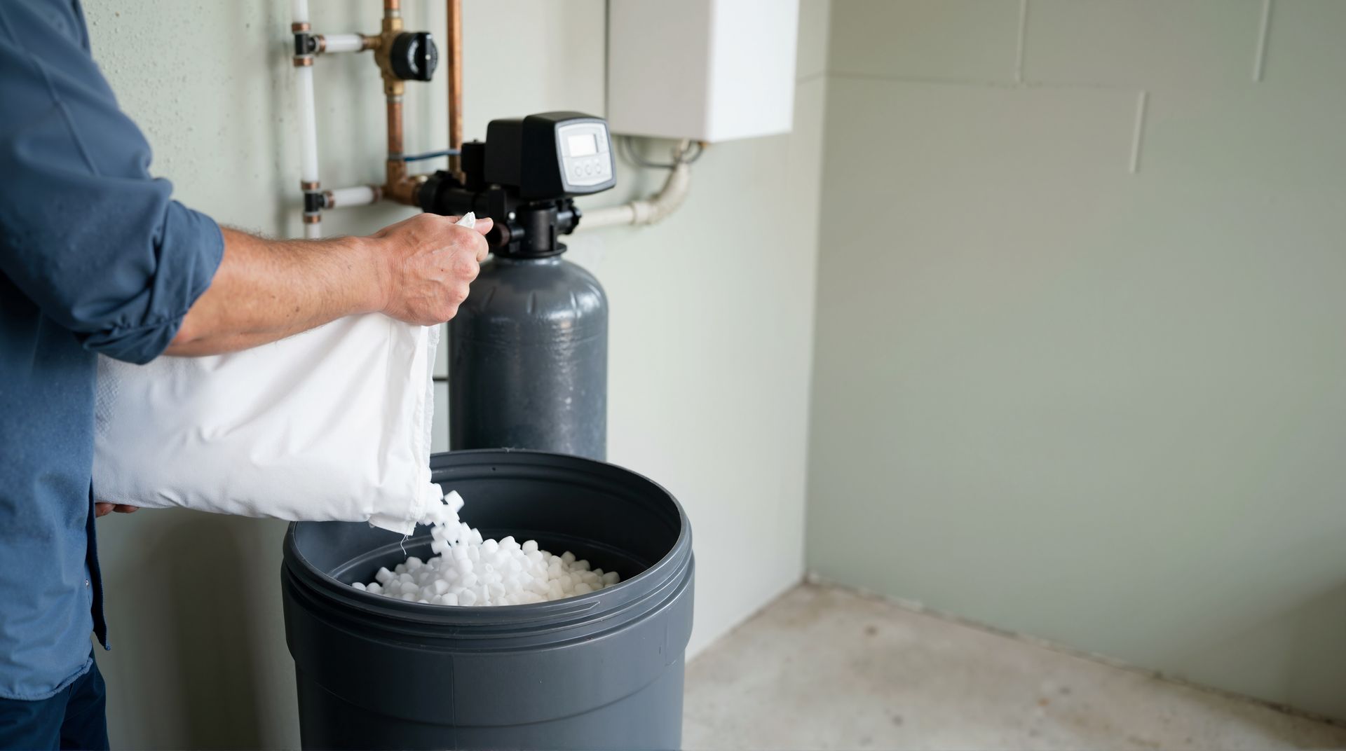 Man pours salt pellets from a white bag into a gray brine tank during water softener salt delivery.