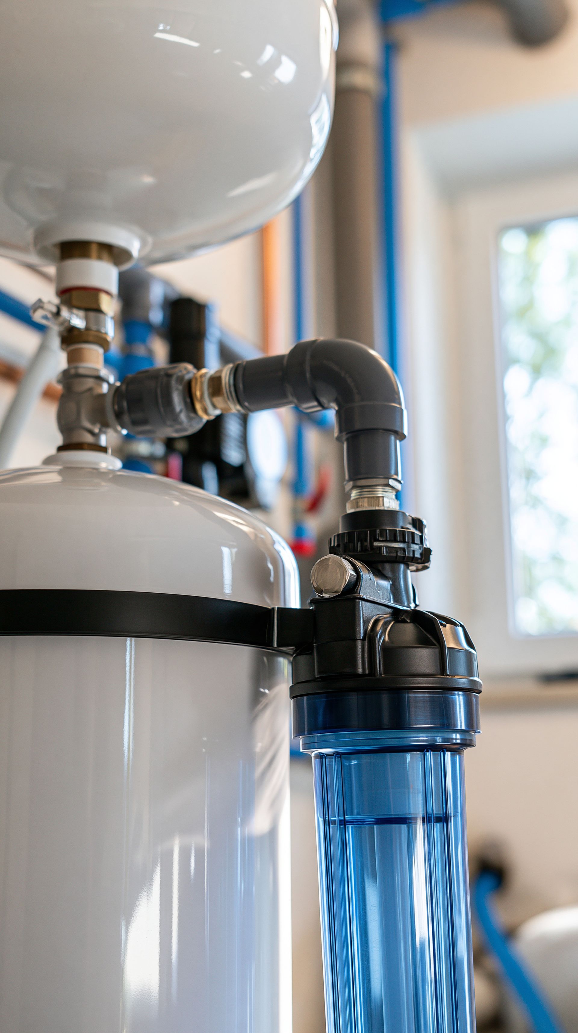 Clear blue filter housing attached to a white pressure tank in a home well water filtration setup.