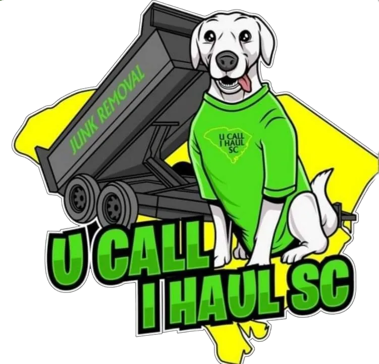 Dog wearing a green t-shirt with "U Call I Haul SC" logo; junk removal truck in front of a yellow outline of South Carolina.
