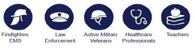 Icons of professionals: Firefighters, Law Enforcement, Military, Healthcare, Teachers. Dark blue circles.