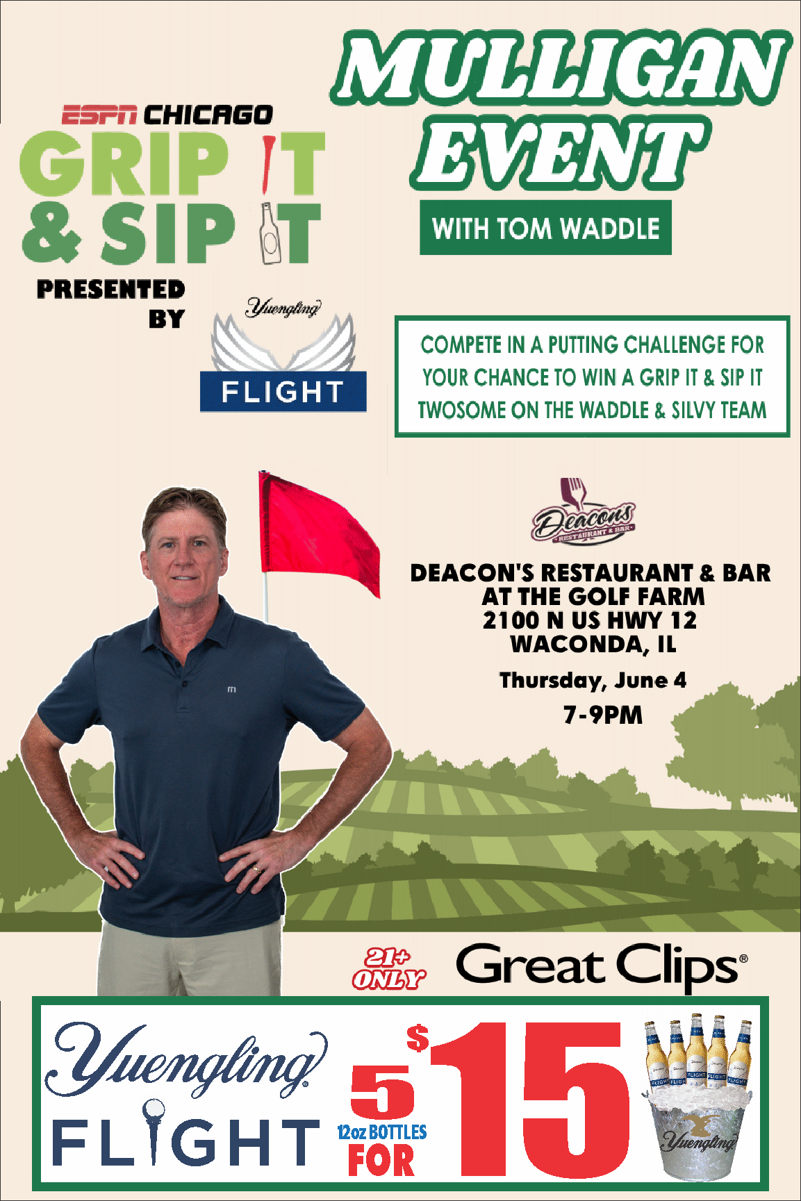 Flyer for a Mulligan Event and Grip & Sip golf promotion with a man standing beside the details.
