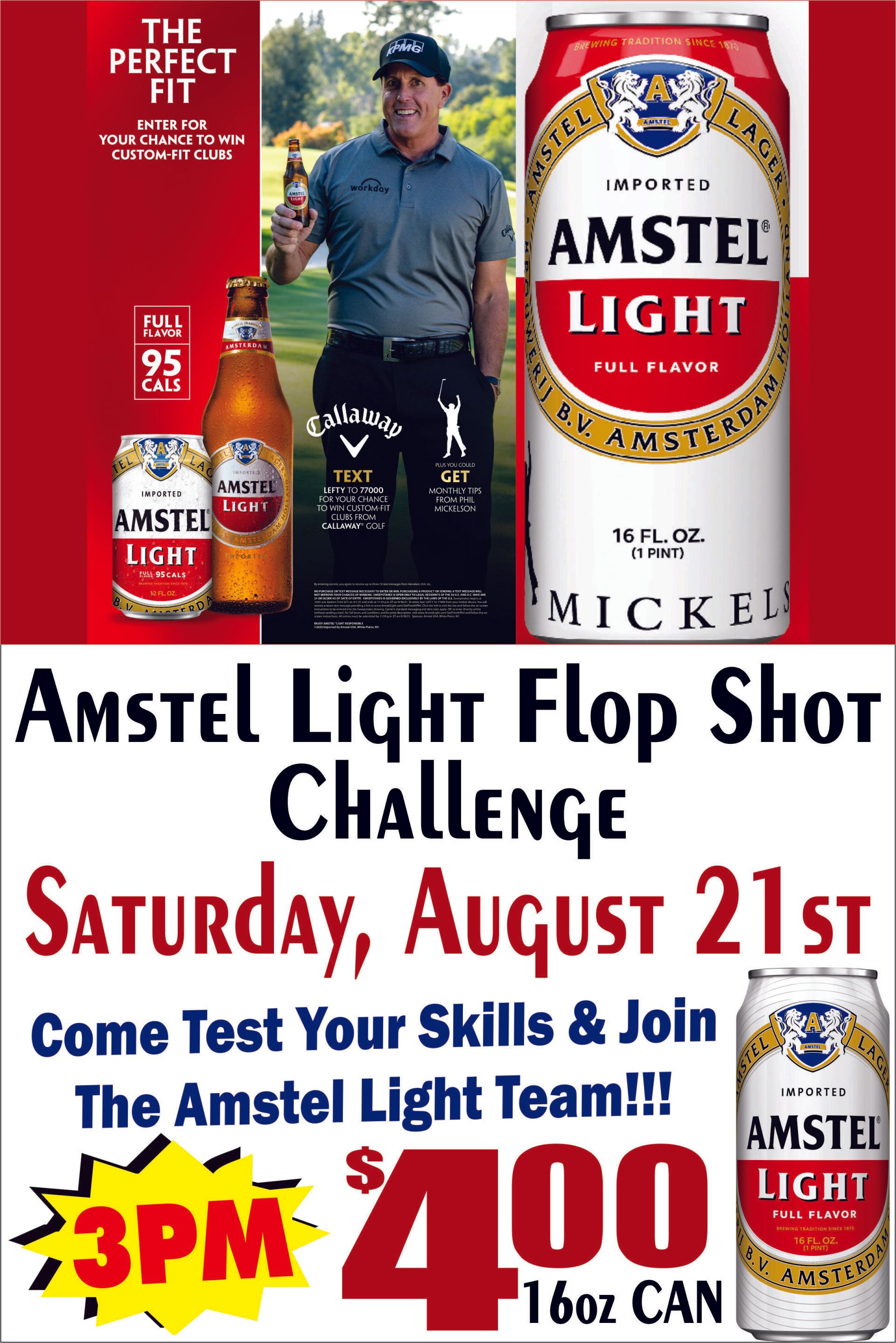 Promotional flyer for an Amstel Light event on August 21st at 3 PM, featuring golf imagery and $4 beer specials.