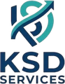 KSD Services logo in blue and teal with stylized upward arrow and abstract lettermark