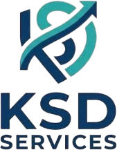 KSD Services logo in blue and teal with stylized upward arrow and abstract lettermark