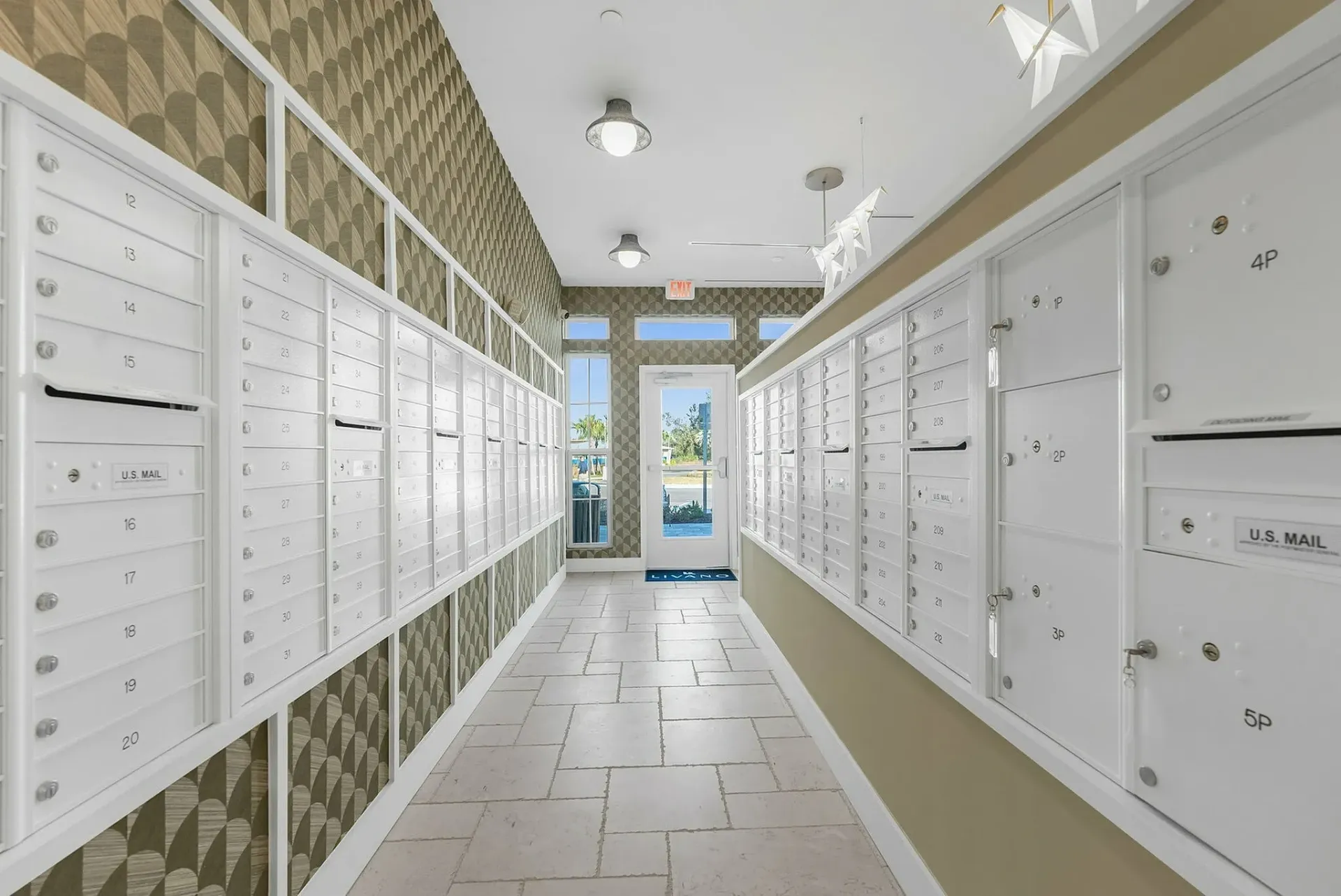 Step into a stylish mailroom thoughtfully designed for convenience and elegance.