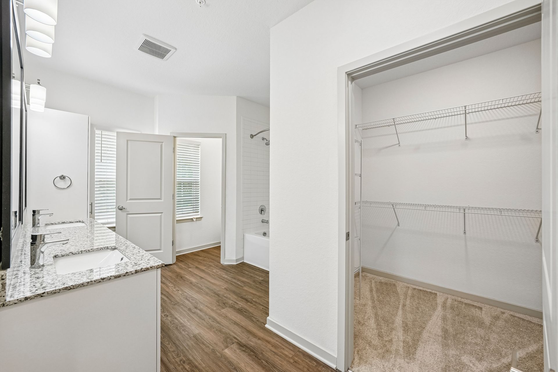 Bright white bathroom with vanity, wood-look floor, and open walk-in closet with beige carpet.
