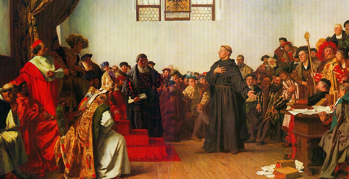 Martin Luther at the Diet of Worms, standing before figures in a grand hall, refusing to recant.