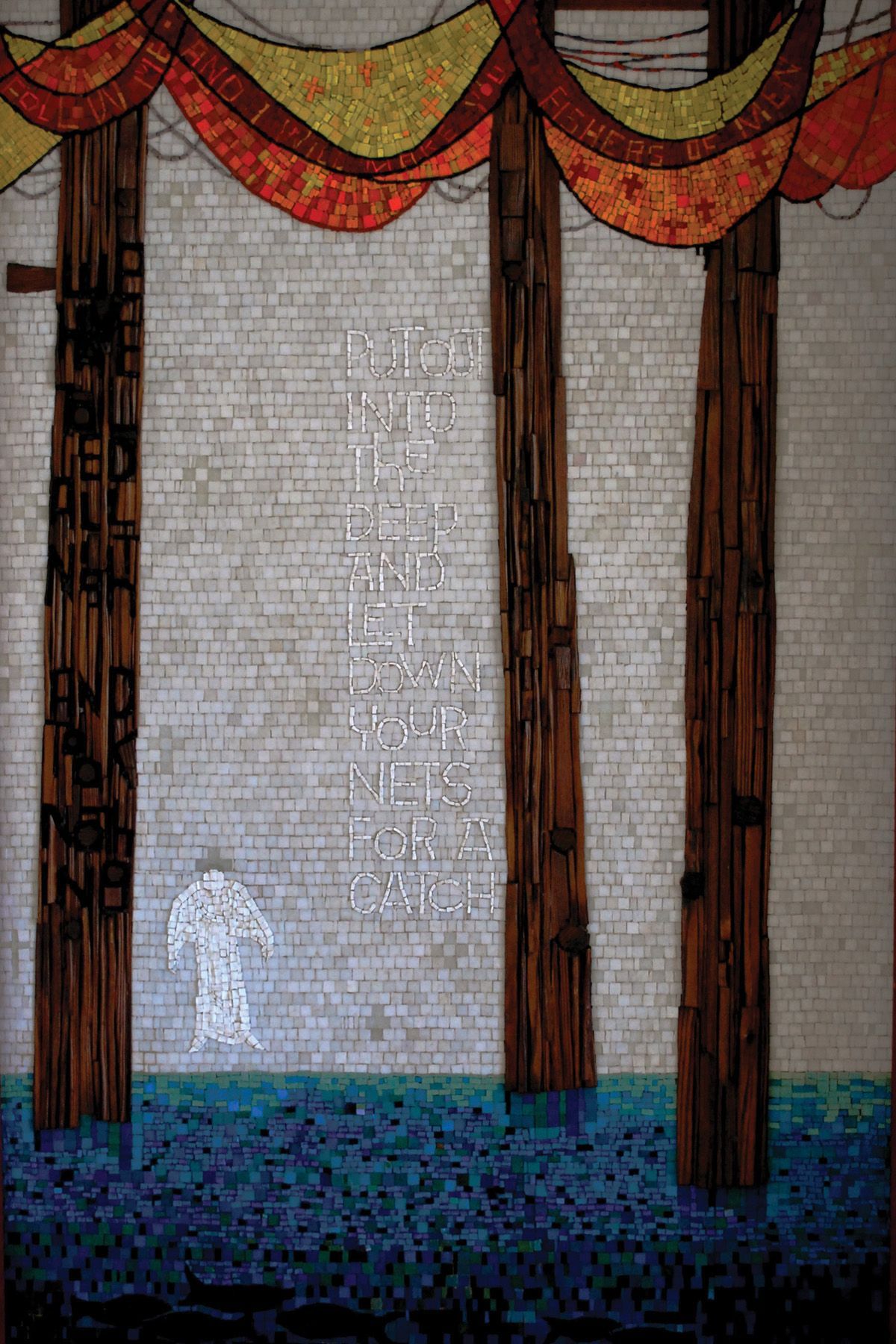 Mosaic mural: Figure walking toward text between wooden posts, under colorful drapes.
