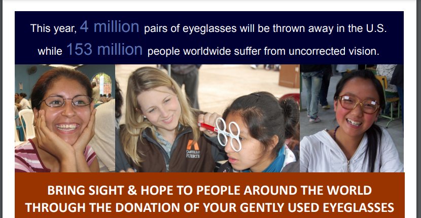 Image promoting eyeglasses donation: people smiling, text about discarding glasses in US while others need them.