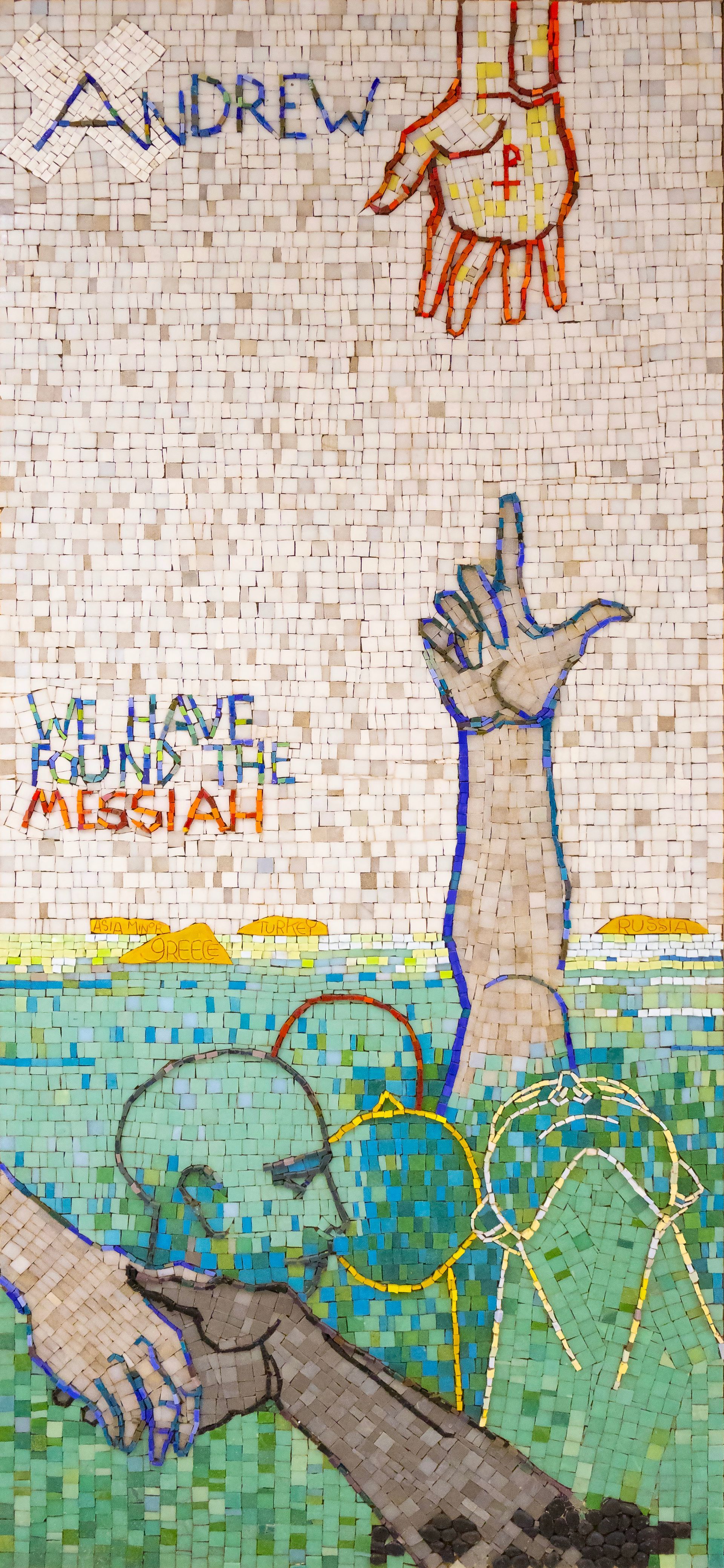 Mosaic of a hand reaching down to arm emerging from water with the words