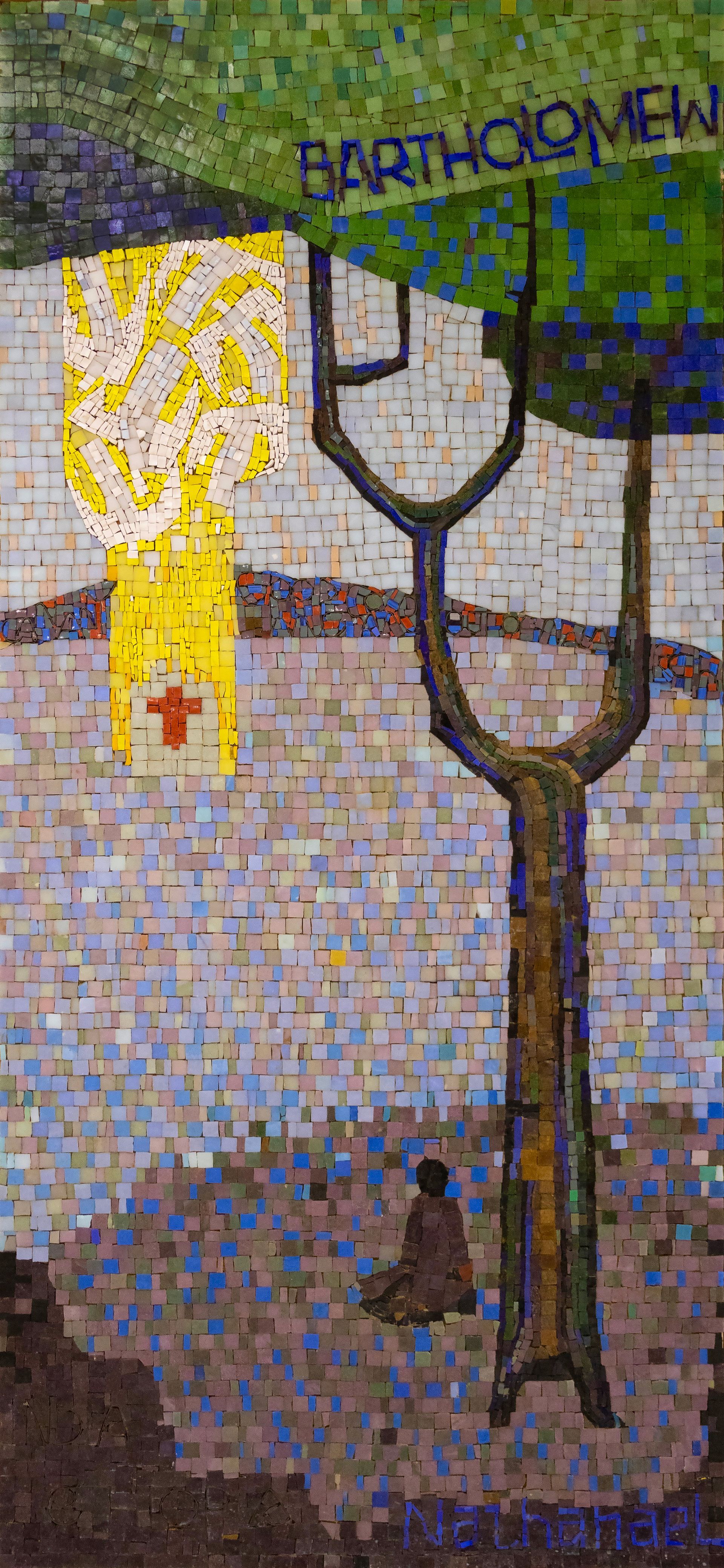 Mosaic: Figure praying near a tree with a sign