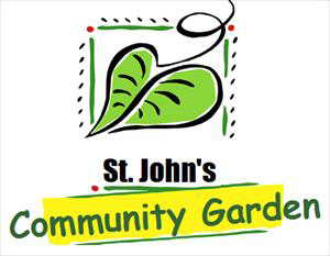 Logo for St. John's Community Garden: green leaf, black vine, text on yellow banner, white background.