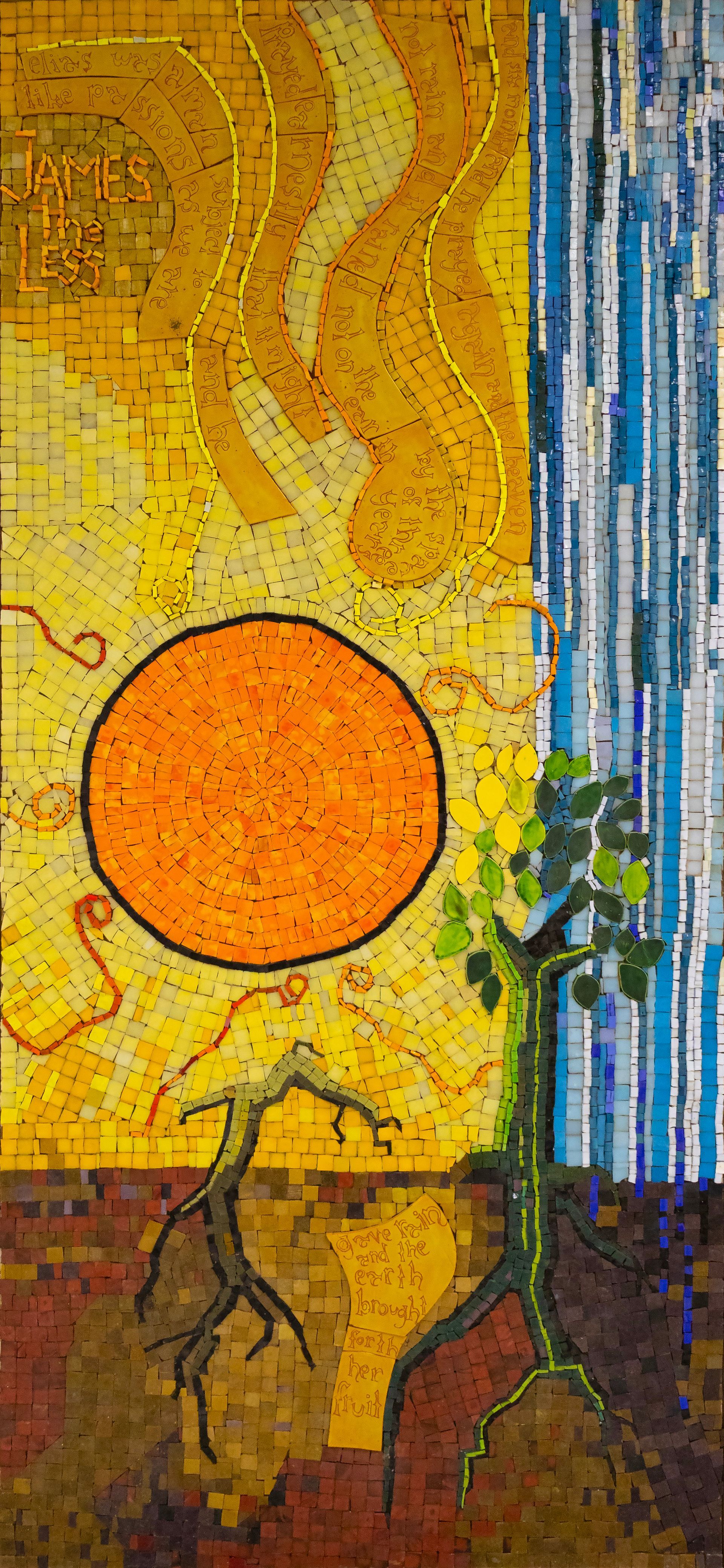 Mosaic art: a red sun, tree, and cascading blue water. Orange, yellow, and brown tones throughout.