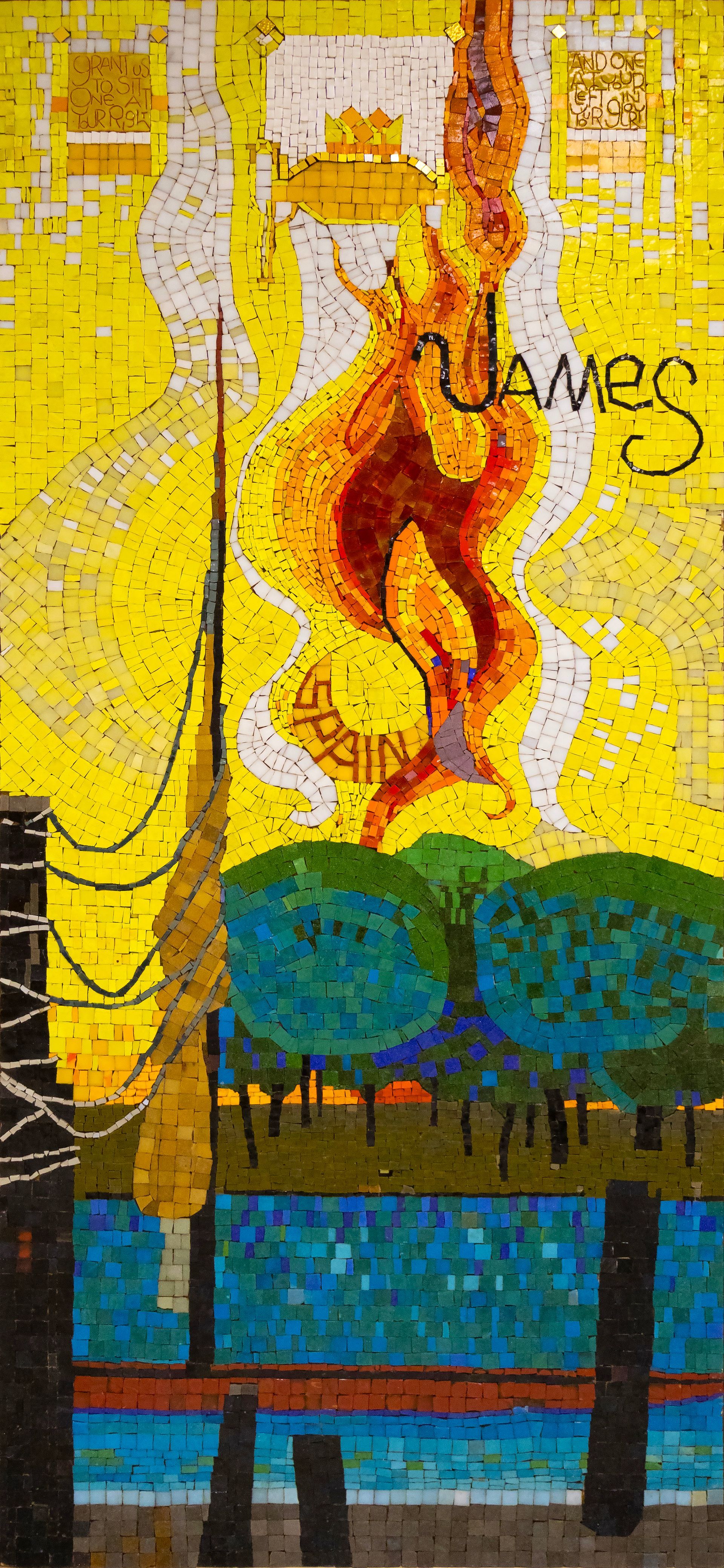 Mosaic of a genie emerging from fire above a river with trees and power lines; colorful, stylized.