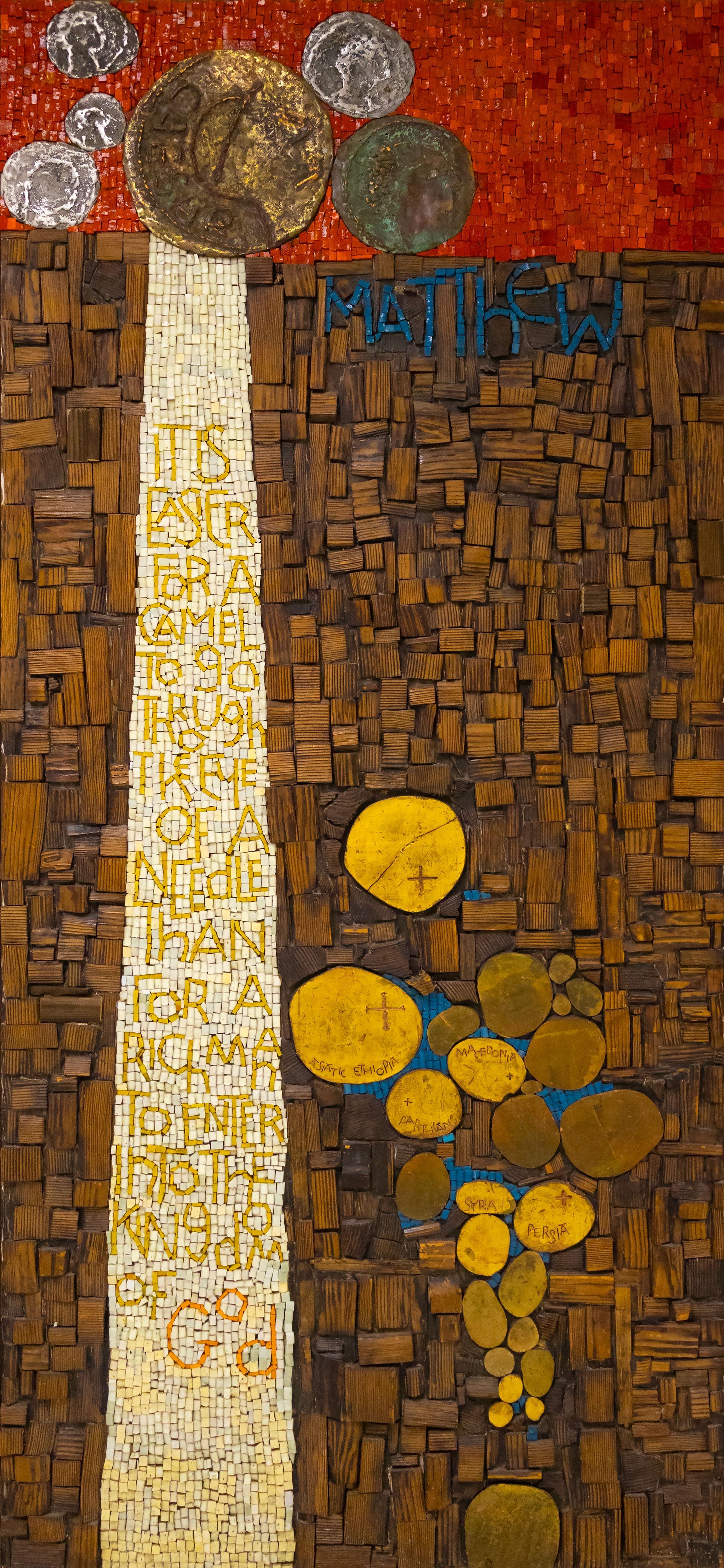 Mosaic with coins and text on brown, blue, and red backgrounds.