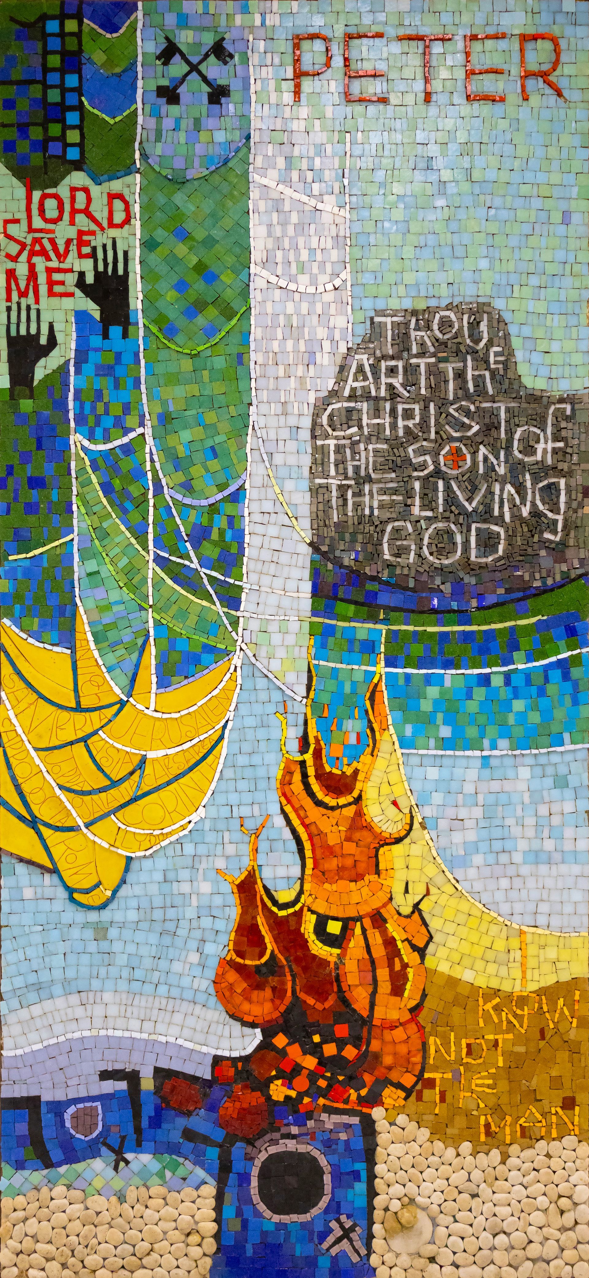 Mosaic of Peter: Peter with a boat, fire, and text