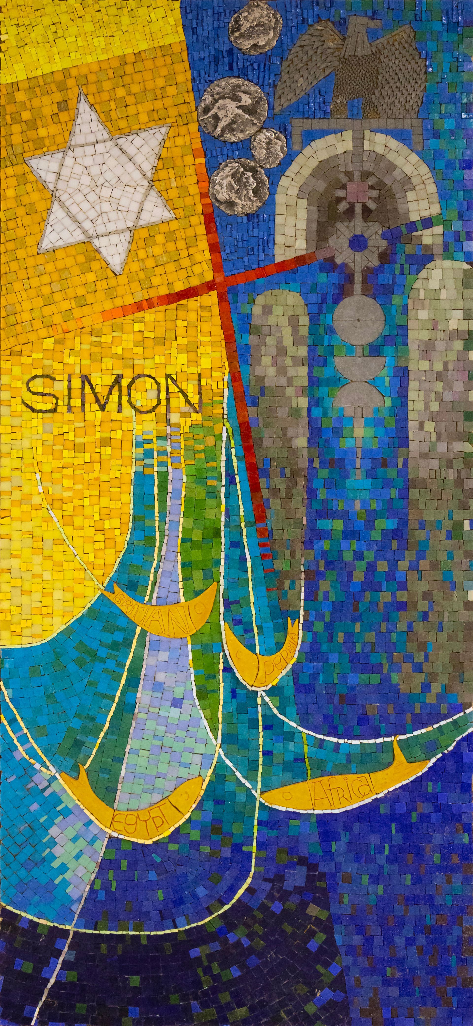Mosaic art with a Star of David, cross, and stylized figures in blues, golds, and whites.