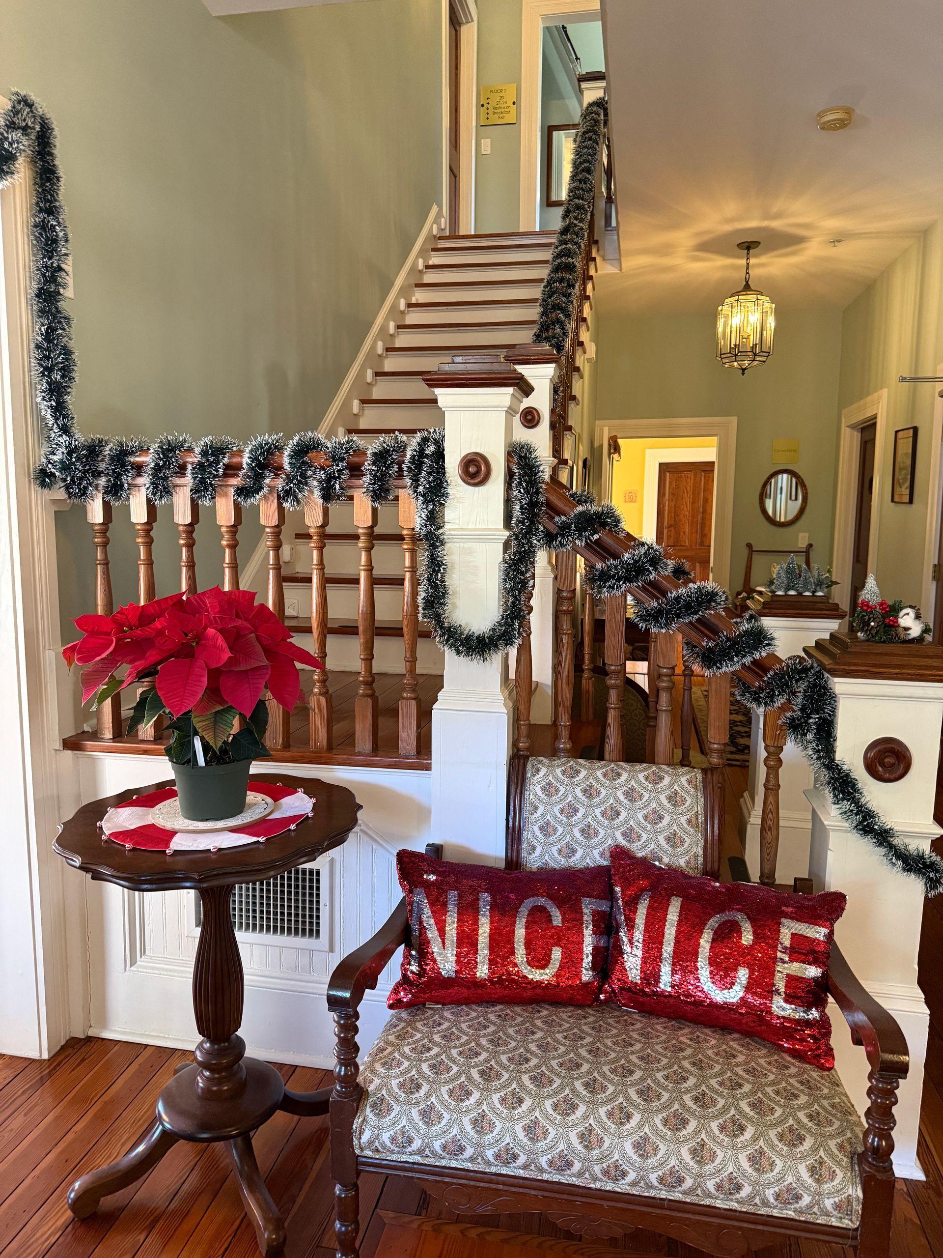 Holiday decorations in the living room at The Camellia Rose Inn