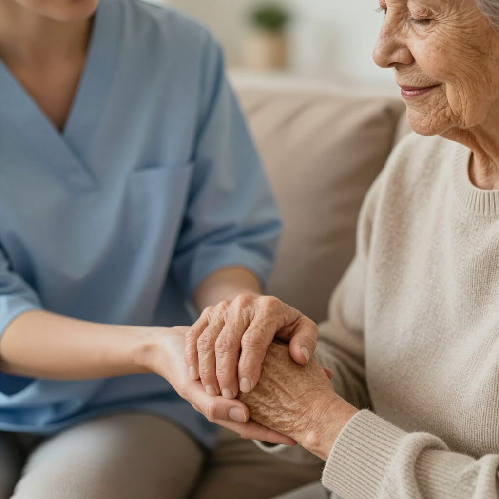 Caregiver in blue scrubs gently holds the hand of an elderly person on a sofa