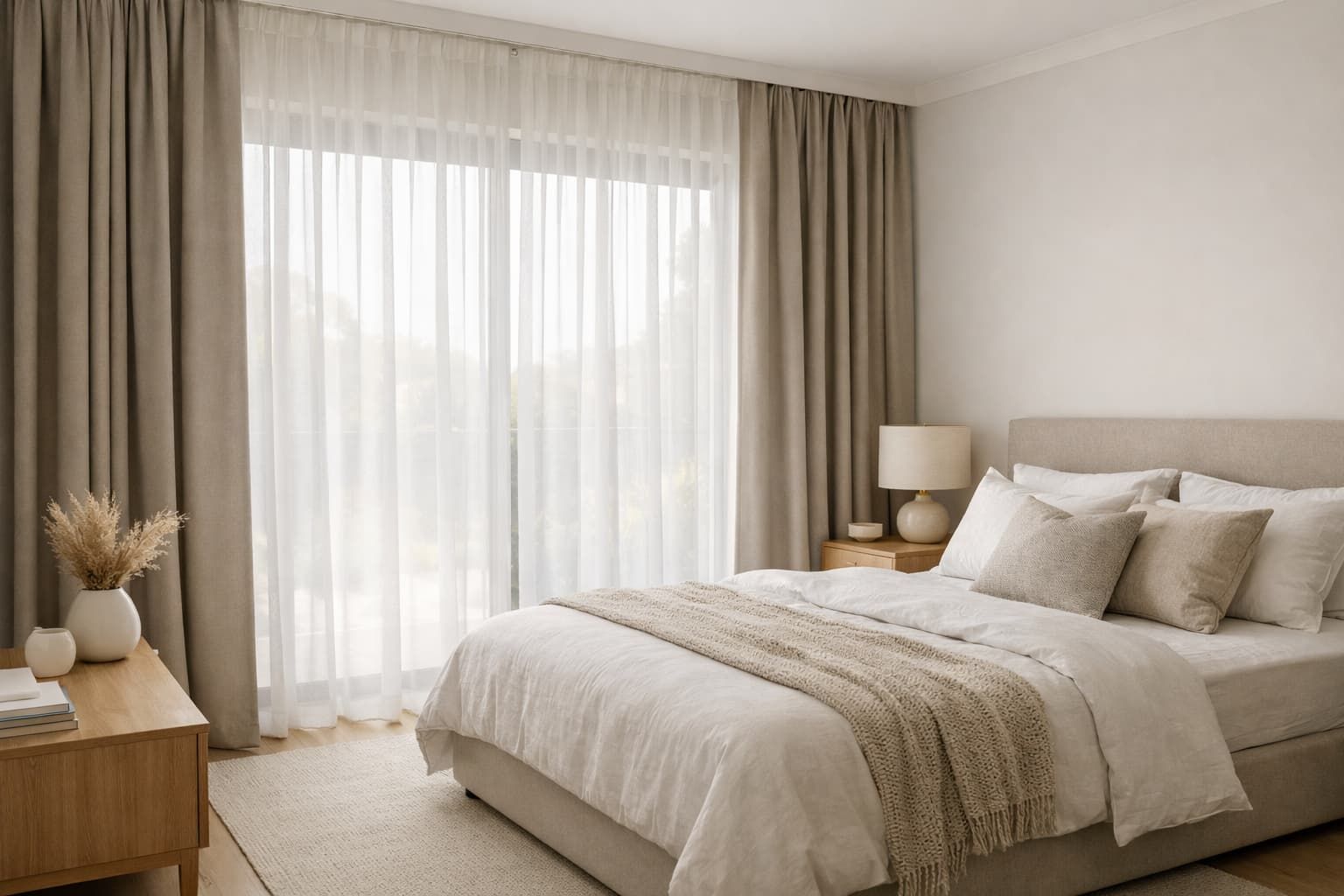 Sheer and blockout curtains installed in a Newcastle bedroom with soft natural light