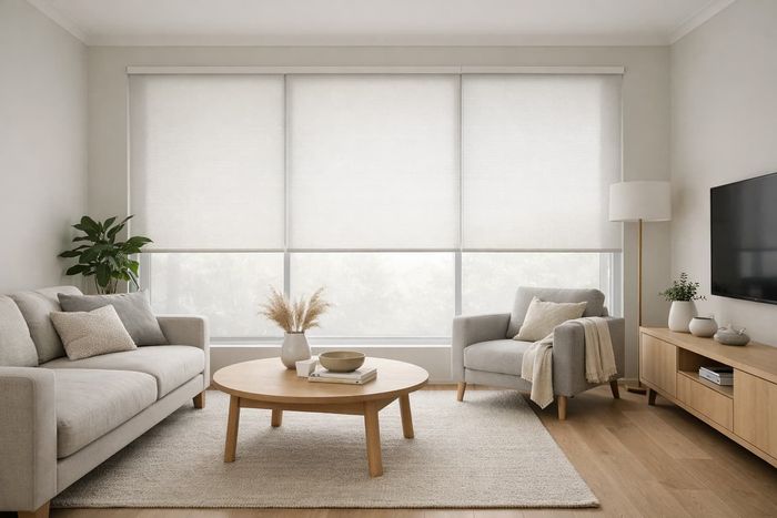 Roller blinds installed in a modern living room for light control and privacy