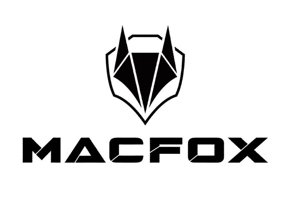 A black and white logo for mac fox with a fox on it.