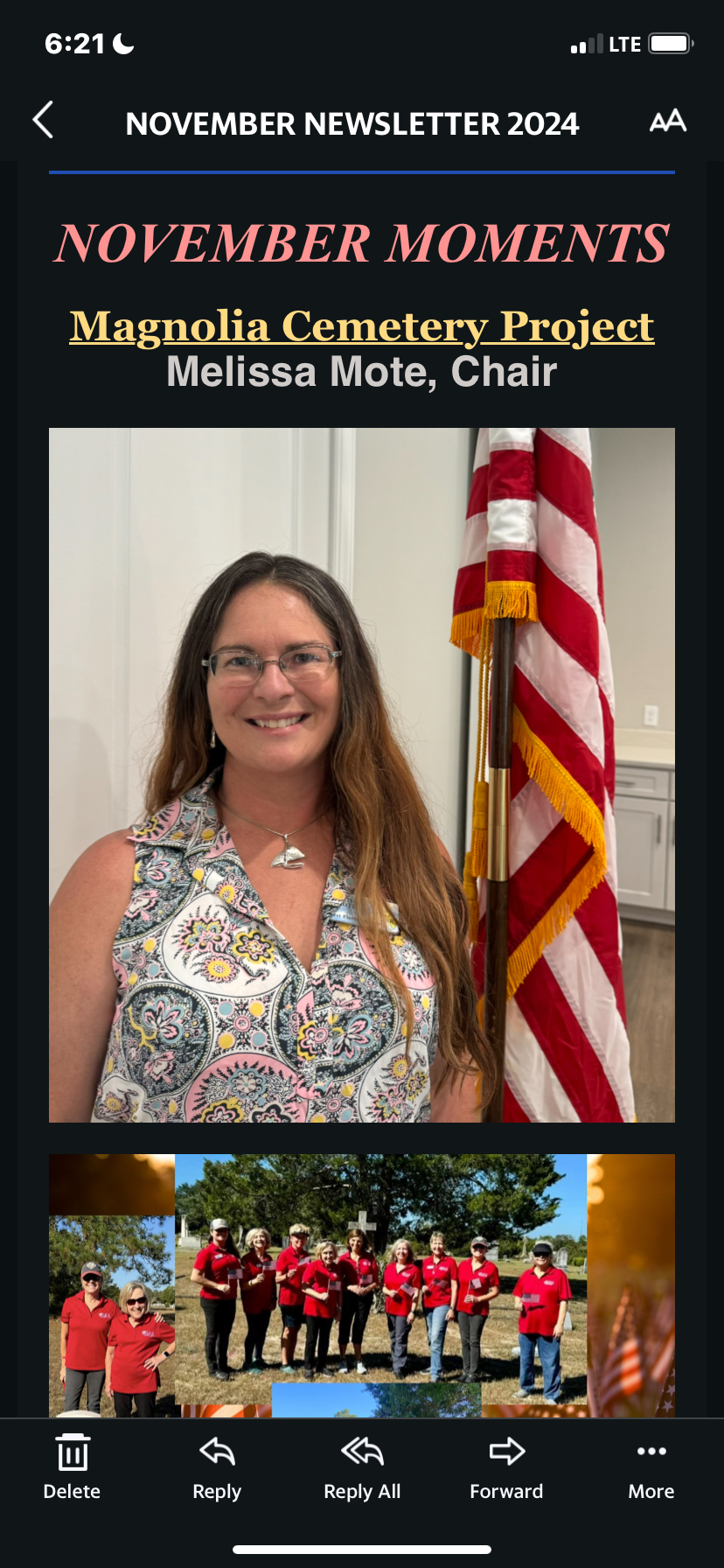 November newsletter cover featuring Magnolia Cemetery Project and Melissa Moe, chair, with photos of ceremonies below