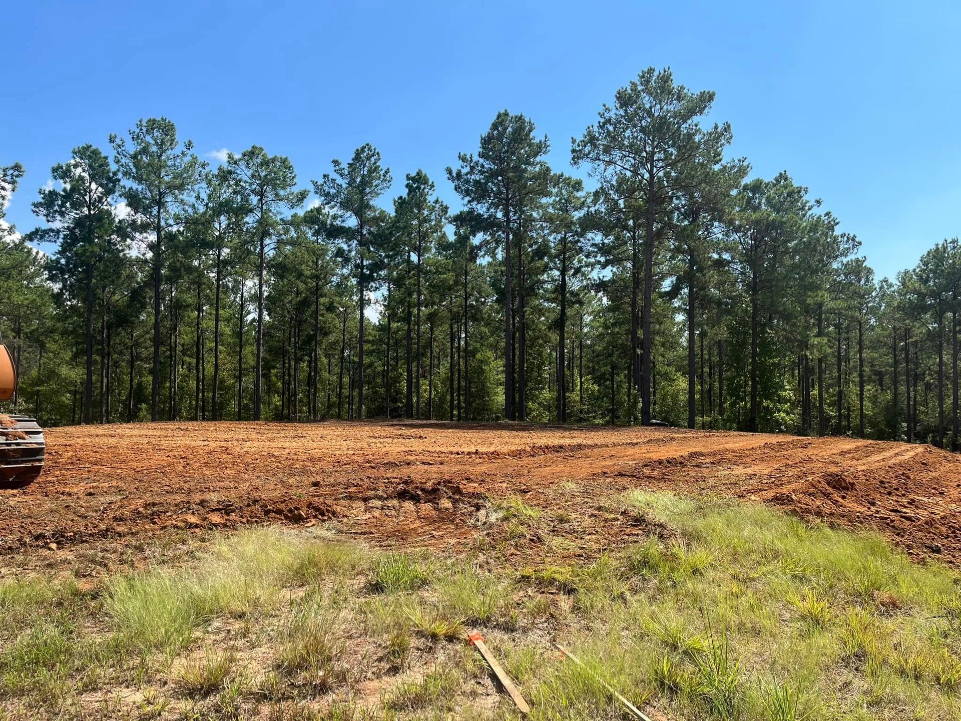 Cleared dirt lot with pine trees under a blue sky; excavator partially visible at left
