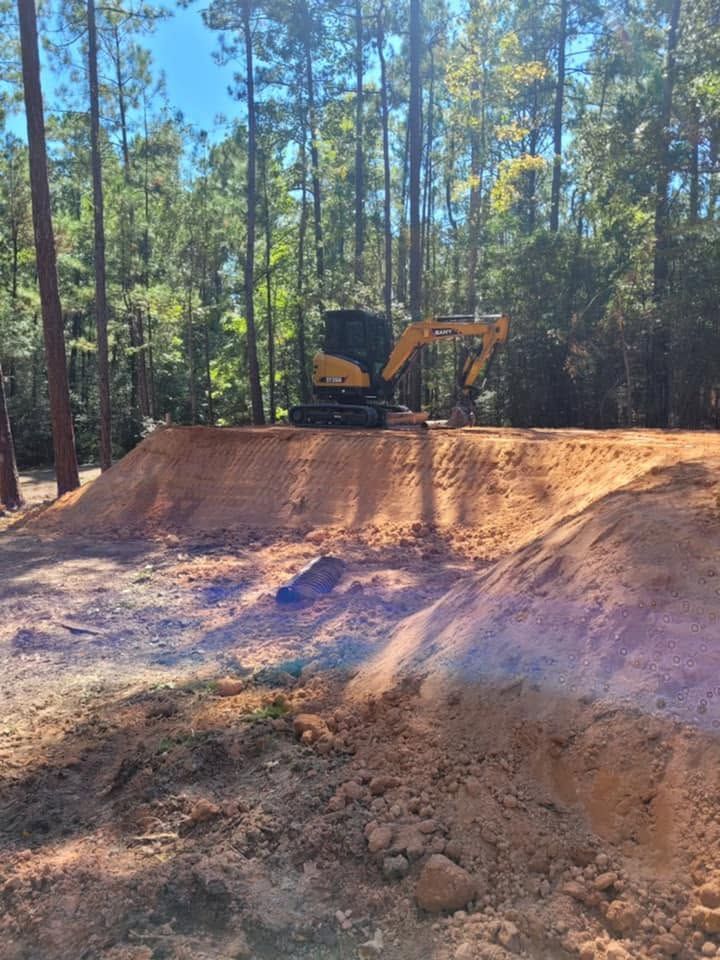 Small excavator on a dirt mound in a wooded area, digging under tall pine trees.