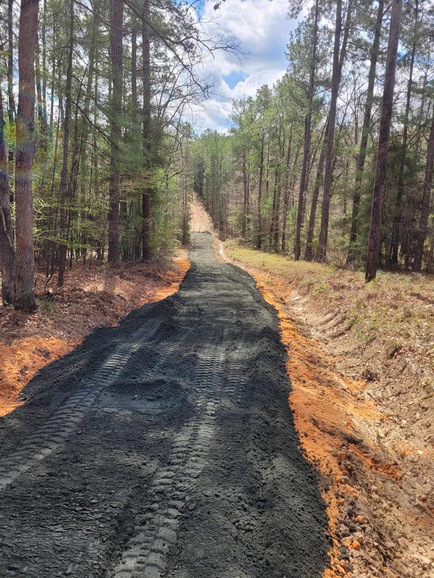 Fresh black gravel road through a pine forest under a partly cloudy sky