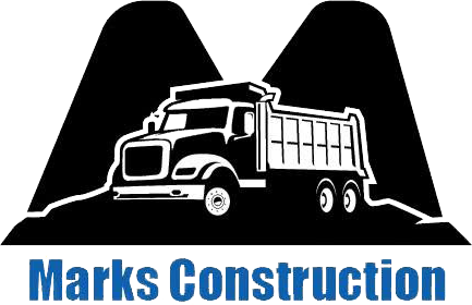 Marks Construction logo with black dump truck and blue text on white background