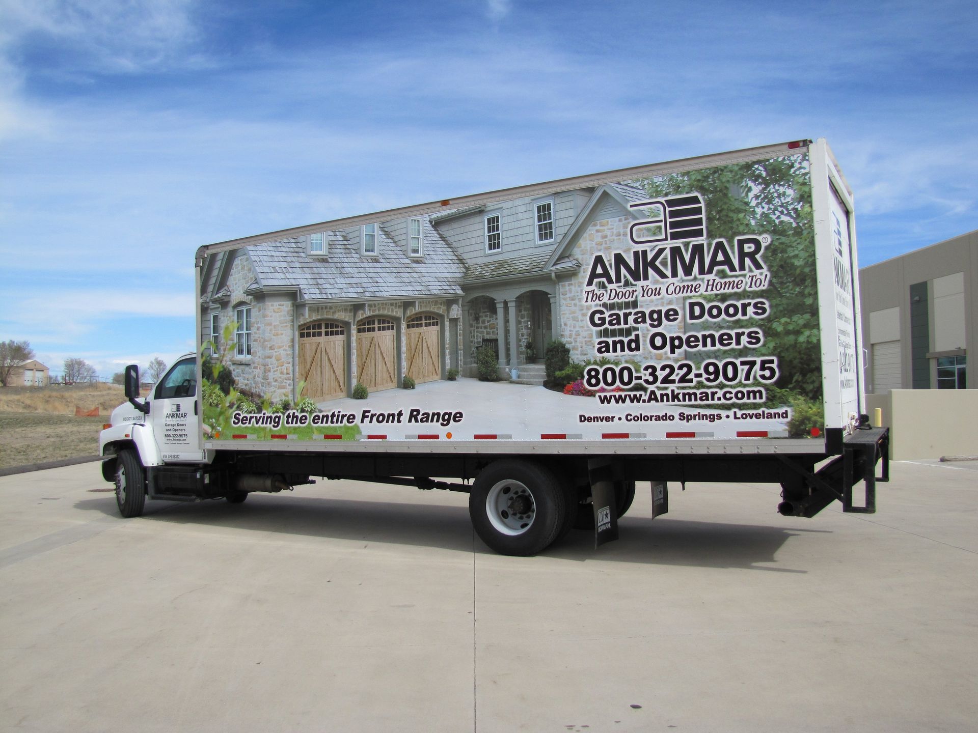 Ankmar Garage Doors and Openers Box truck full wrap with door logos Denver Colorado