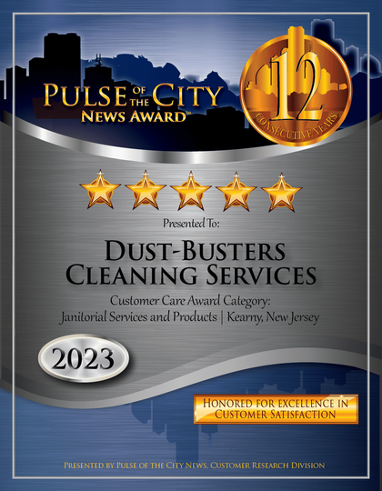Pulse City News Award plaque for Dust-Busters Cleaning Services, with gold stars and 2023 emblem.