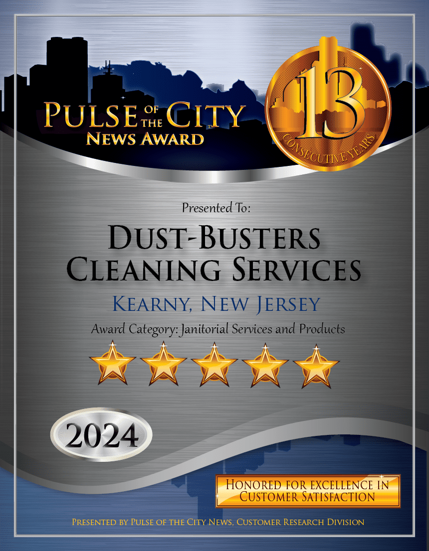 Dust-Busters Cleaning Services award poster, Kearny, New Jersey, with gold stars and 2024 badge
