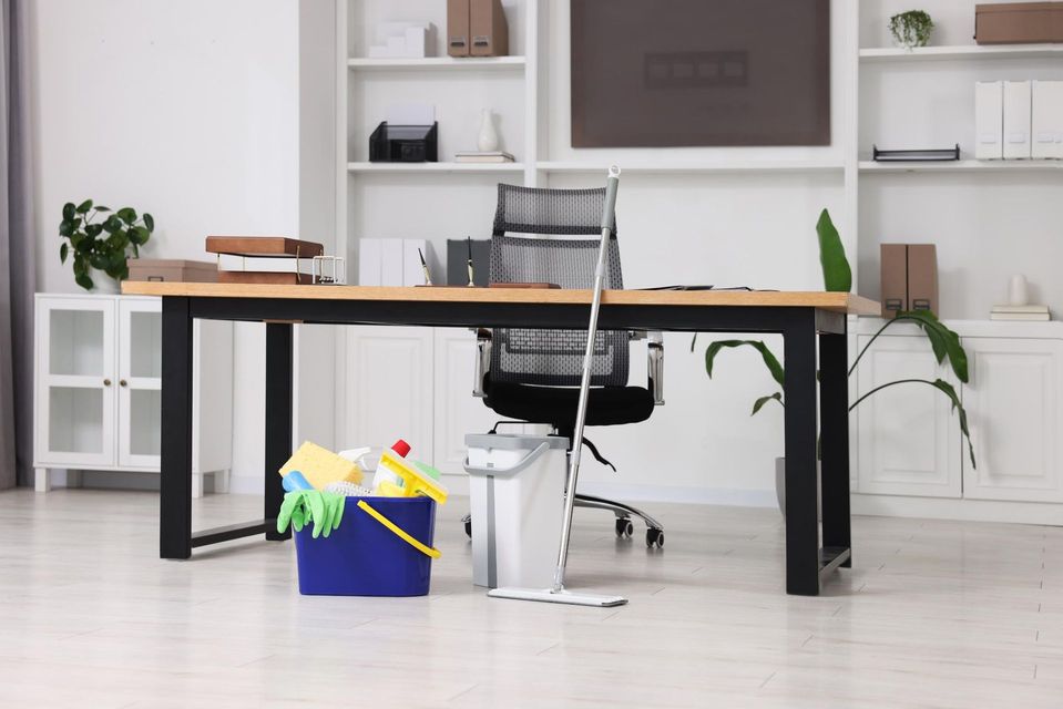 Office desk with chair, monitor, plants, and cleaning supplies on the floor